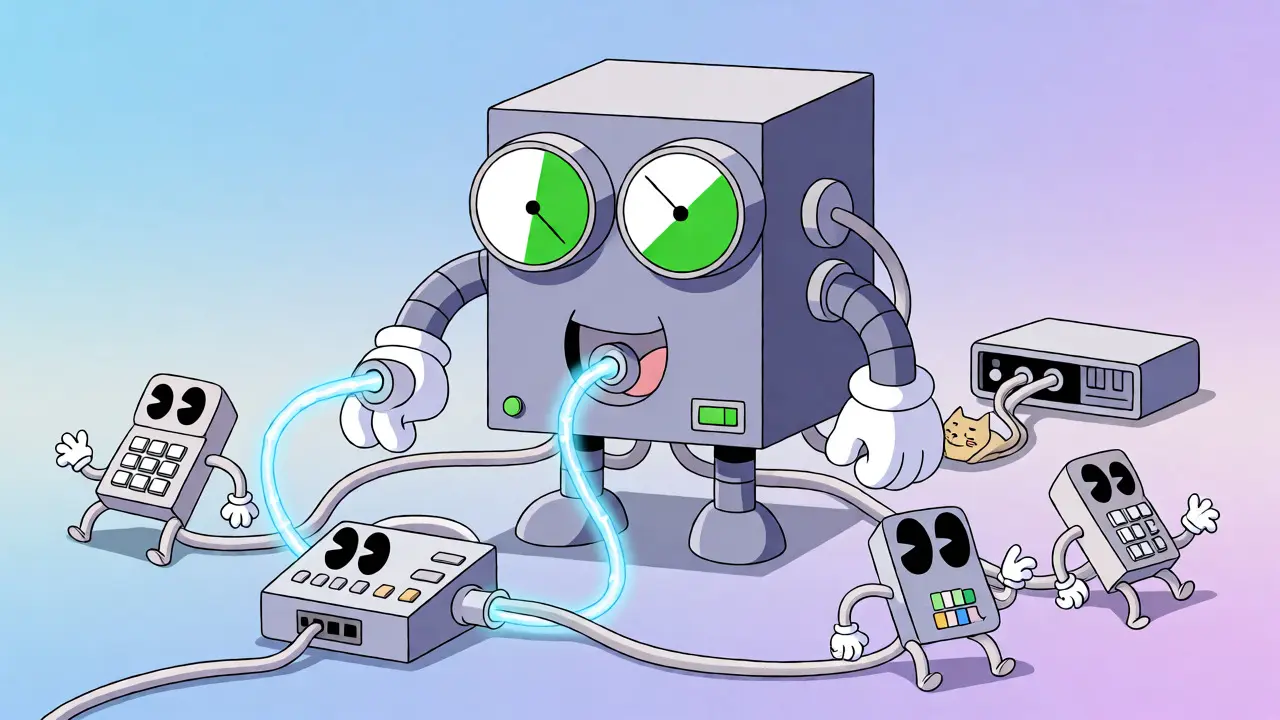 Anthropomorphic UPS powering cute VoIP phones and routers via glowing cables.