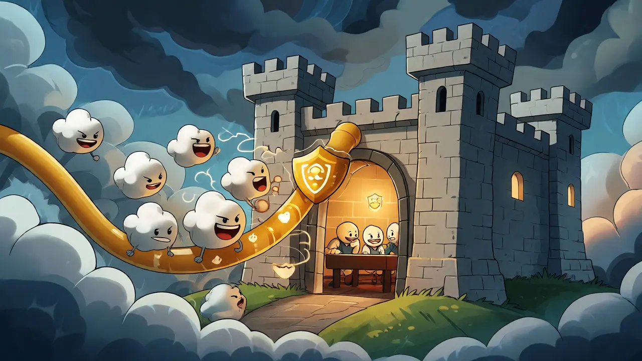Cartoon castle defended by a golden shield against attacking hash-power clouds.