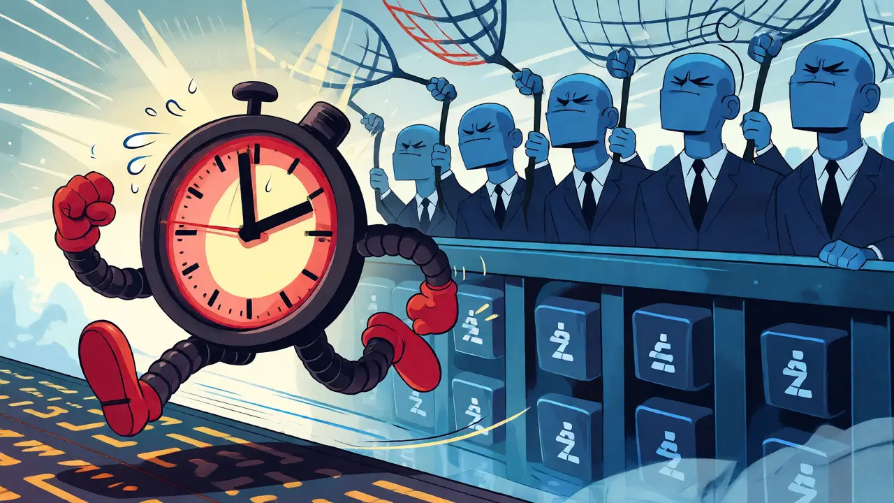 Cartoon clock character running from council members in a rubber hose animation scene.