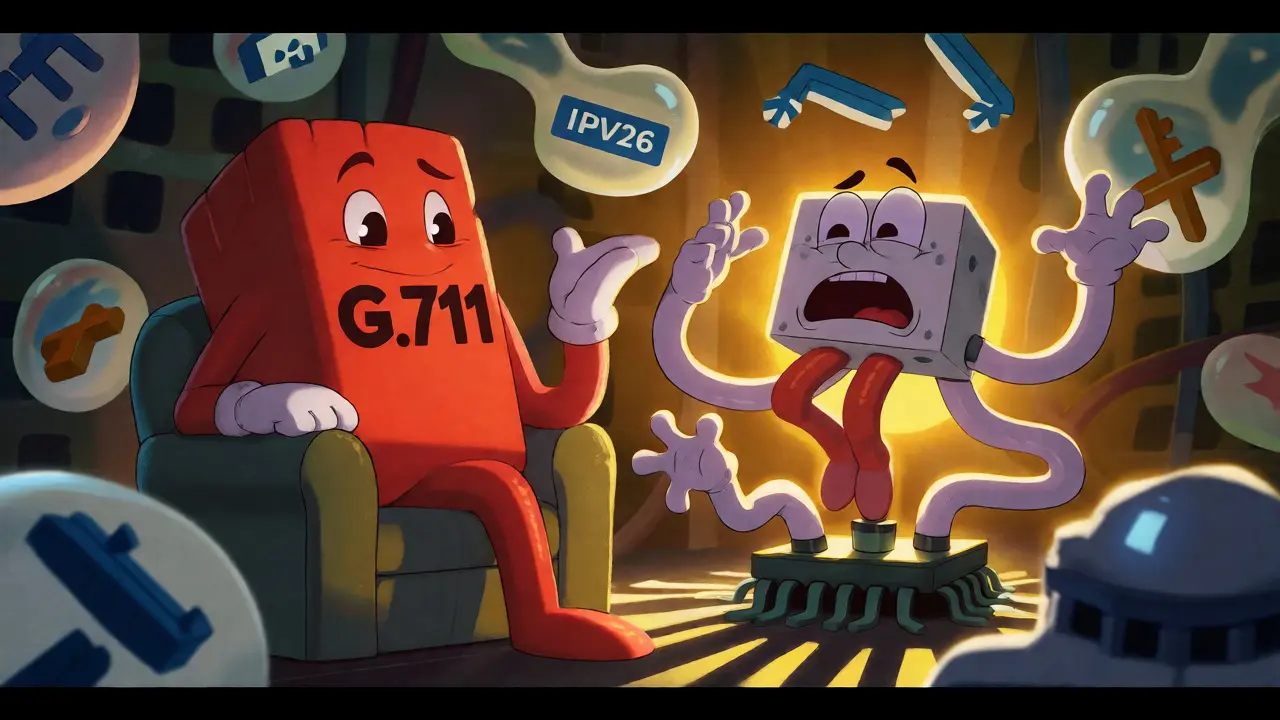 Cartoon codecs interacting with CPU and encryption bubbles in a network switch.