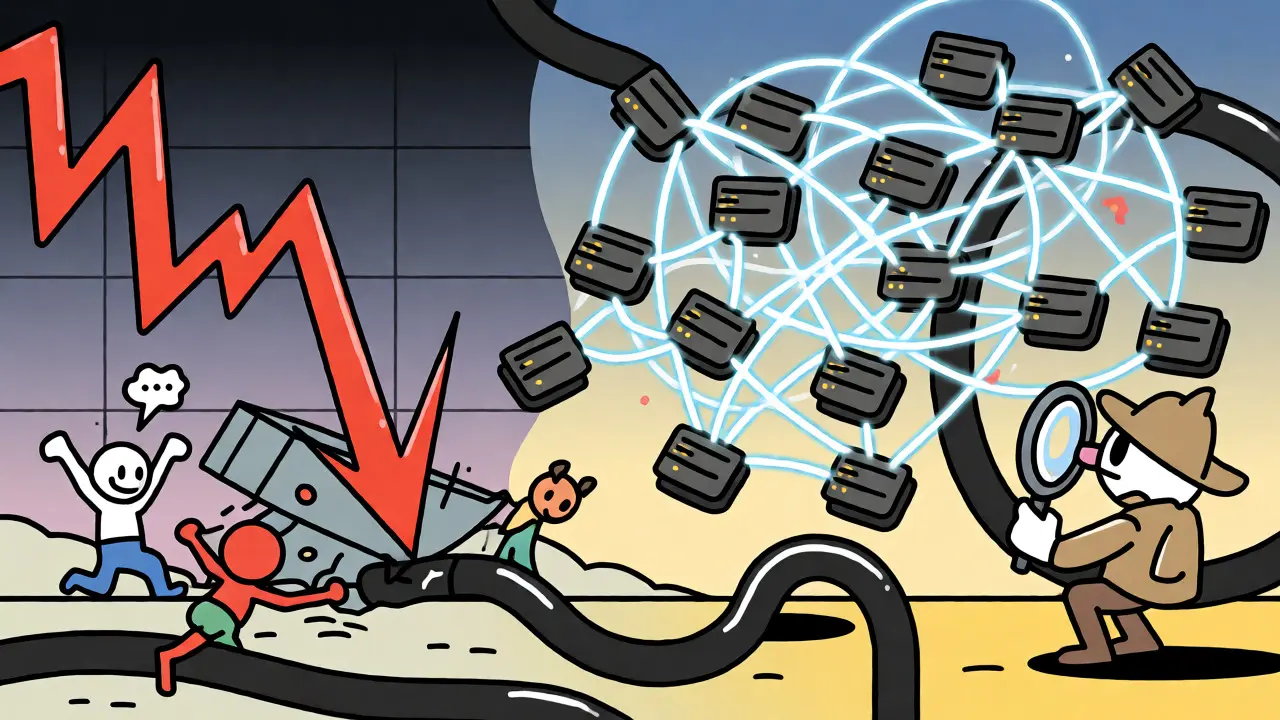 Cartoon detective analyzing wallet connections after a crypto price crash in a forensic illustration.