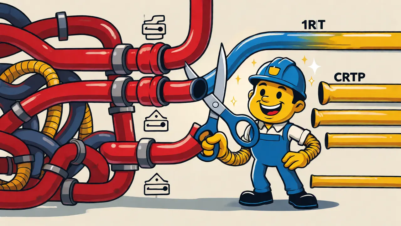 Cartoon engineer compressing VoIP headers to reduce bandwidth usage.