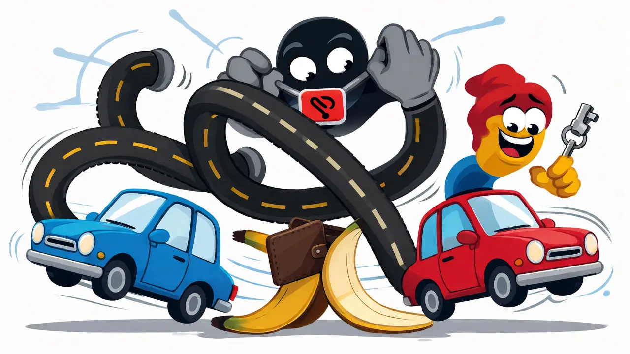 Cartoon illustration of double-spending with two cars driving away from a split wallet.