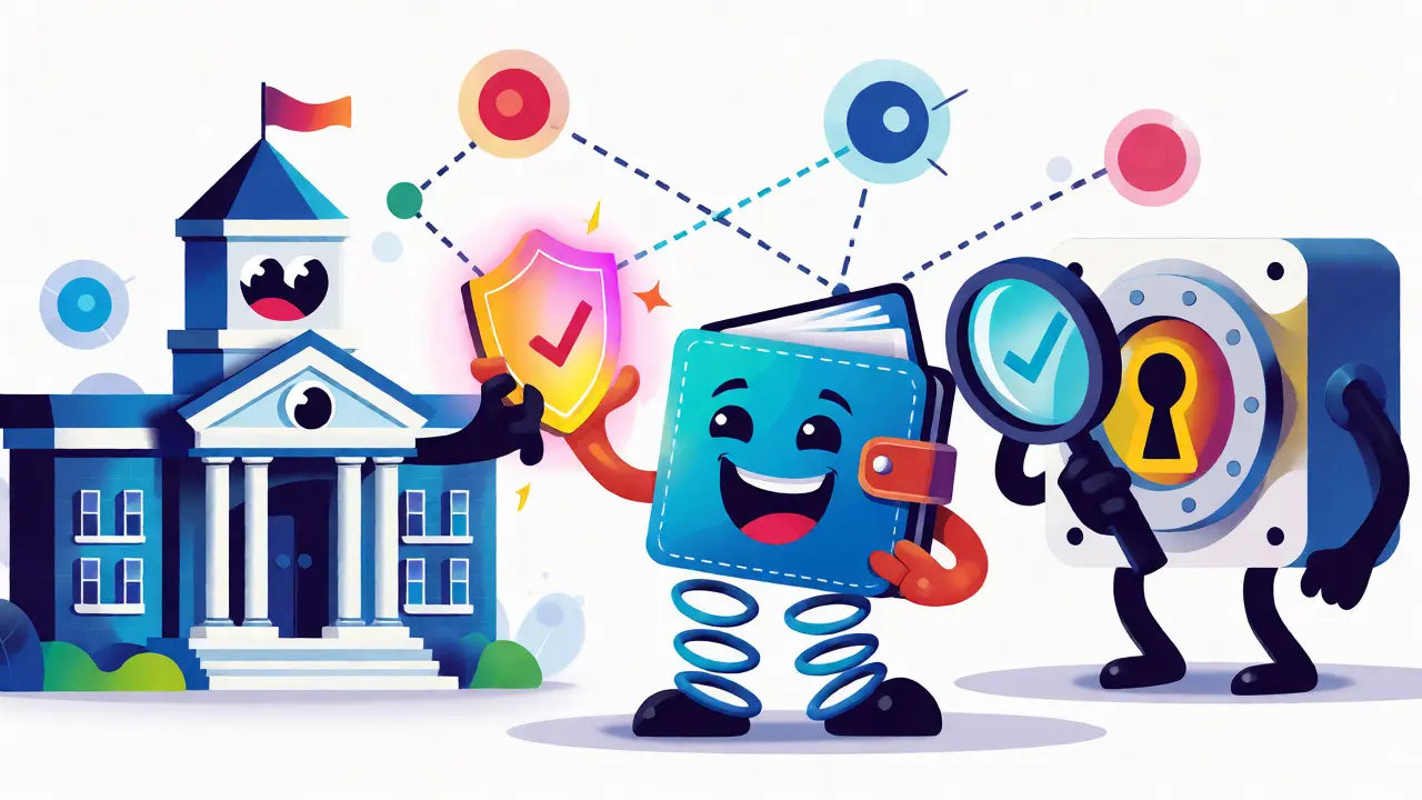 Cartoon illustration of issuer, holder, and verifier interacting with digital credentials.