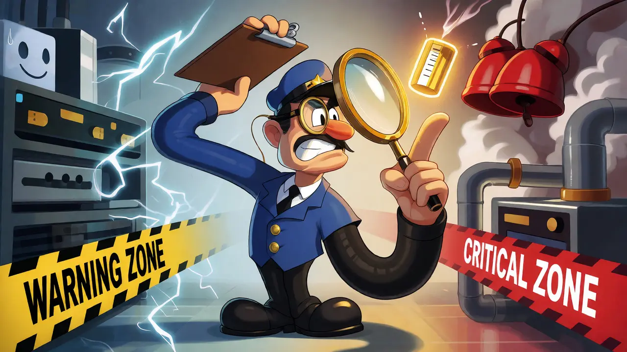 Cartoon inspector monitoring VoIP quality thresholds between warning and critical zones.