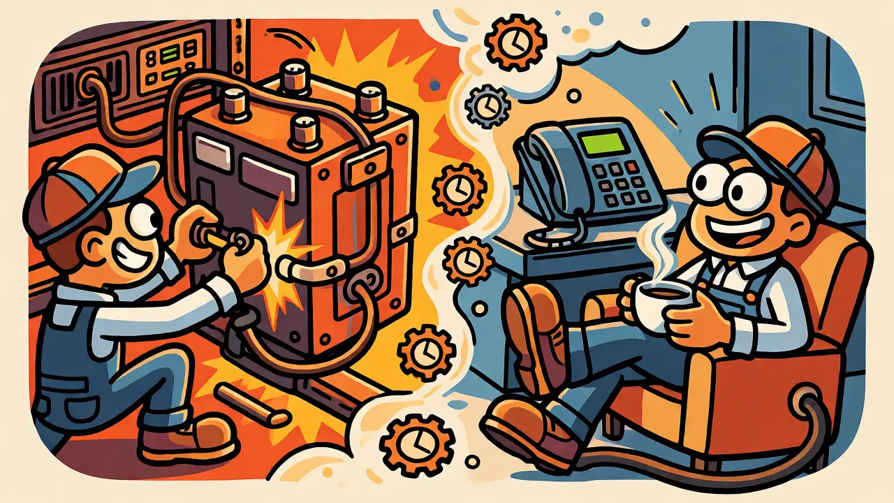 Cartoon mechanic maintaining UPS batteries and relaxing while phone stays active.