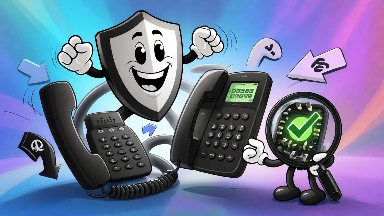 Cartoon shield protecting refurbished VoIP phones from security threats during inspection