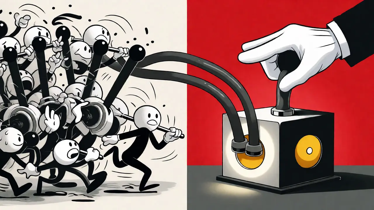 Chaos of many voters versus ease of one master lever vote