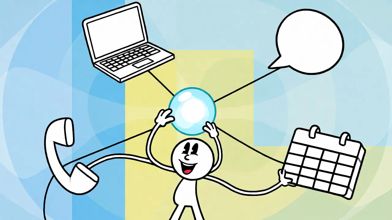 Character connecting various communication channels through a central unified hub in cartoon style.
