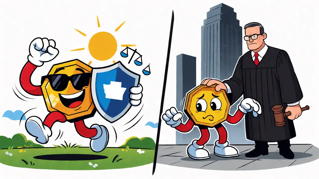 Crypto token character facing strict regulators in a split-scene illustration.