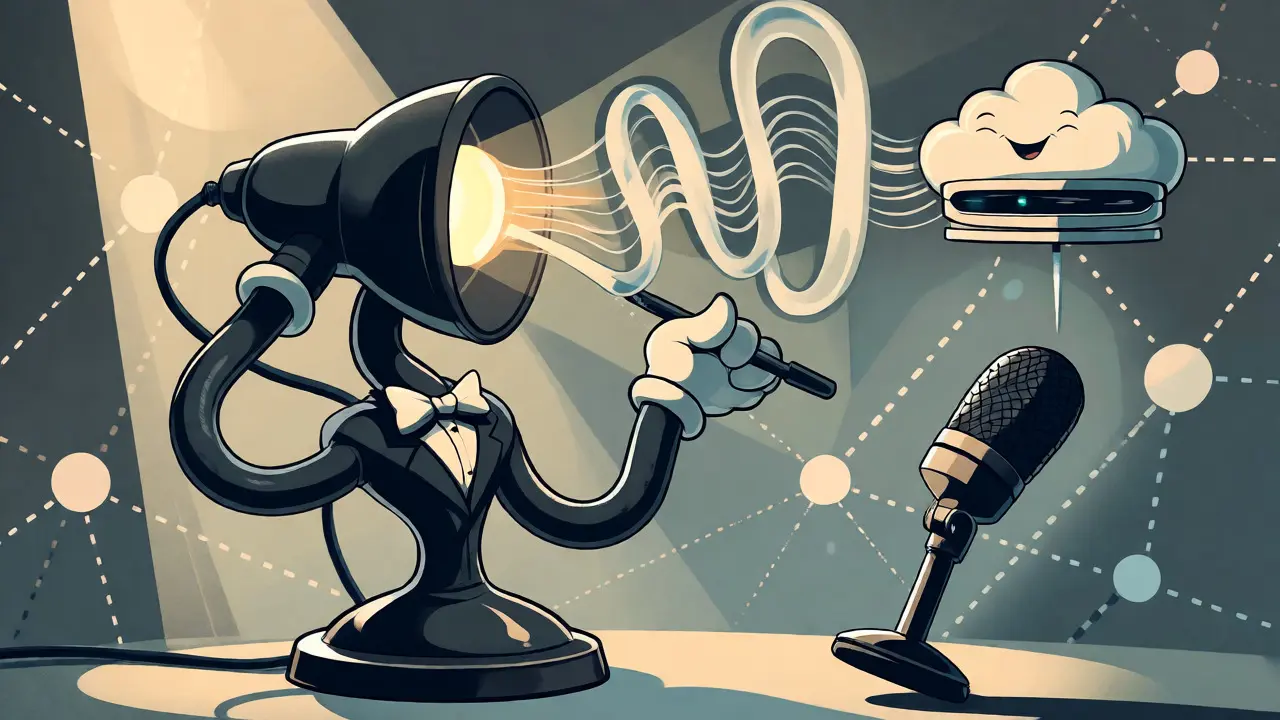 Desk lamp character conducting sound waves to a cloud server