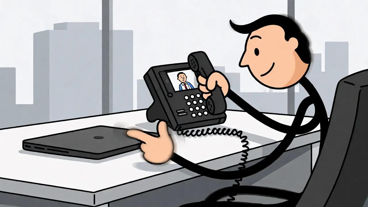 Executive making a video call on an IP phone ignoring laptop
