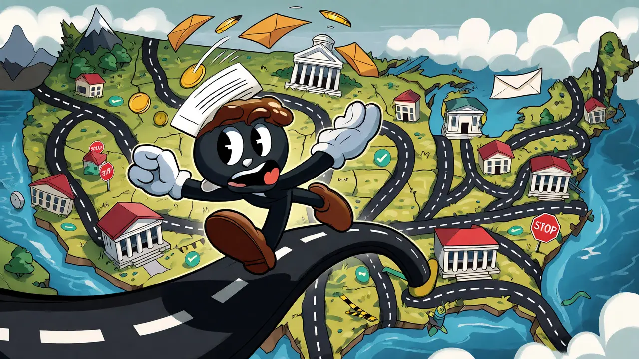 Frantic entrepreneur navigating a maze of state regulatory paths in cartoon style.