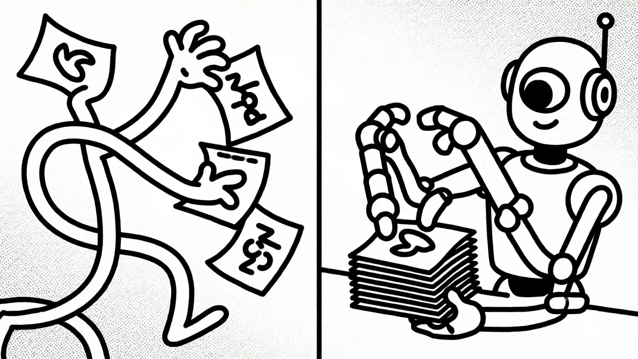 Frantic worker vs. efficient robot assistant sorting business data