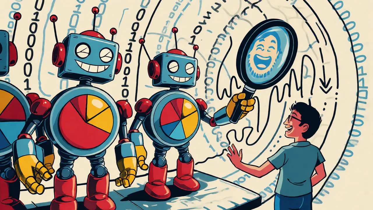 Friendly robot figures analyzing data and guiding a human in a retro-futuristic dashboard.
