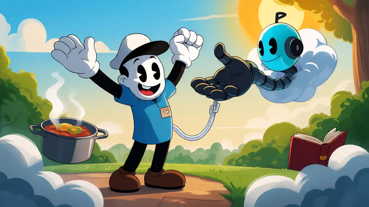 Happy cartoon character enjoying free time while waiting for a virtual queue callback.