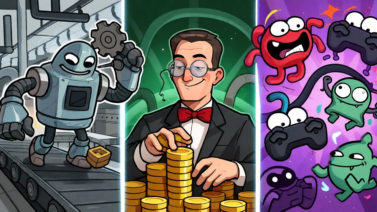 Personified robots, bankers, and gamers illustrating DeFi, Layer 2, and Gaming sectors.