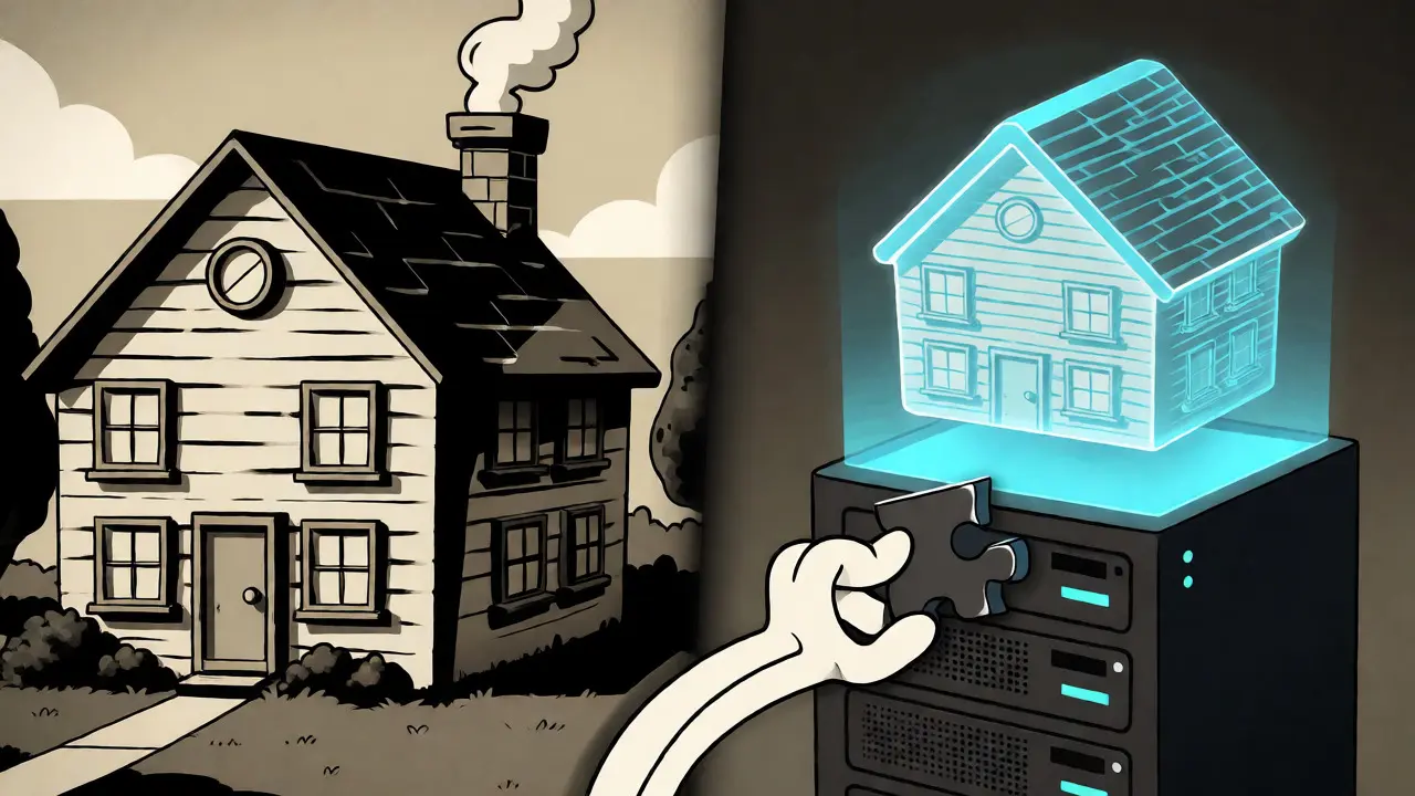Physical house next to its digital token twin with a character adding a fractional piece