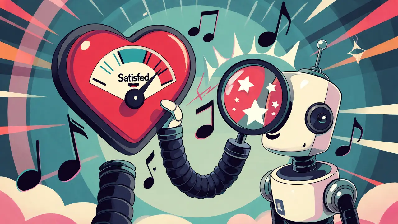 Retro cartoon robot analyzing a satisfaction gauge with voice wave visuals.