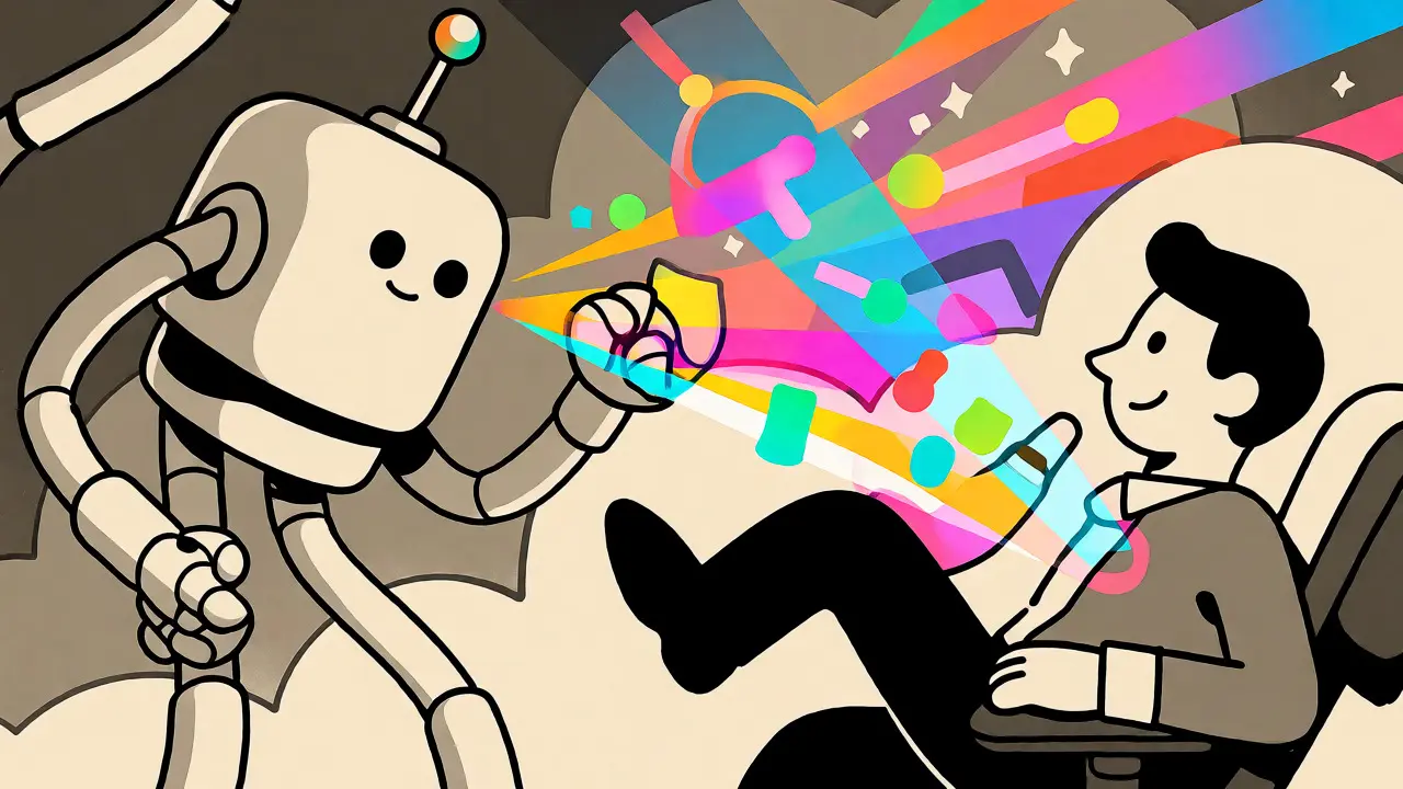 Robot assisting a worker with AI features in a futuristic rubber hose animation scene.