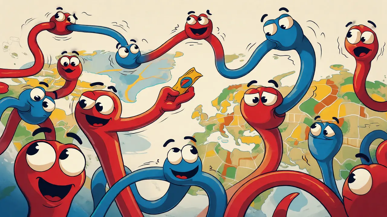 Rubber hose style characters passing data packets across a network map.