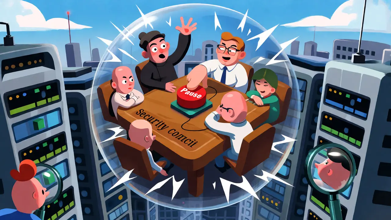 Rubber hose style illustration of a security council meeting inside a floating bubble.