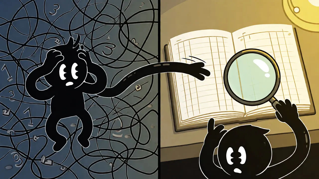 Rubber hose style illustration showing transition from billing chaos to order