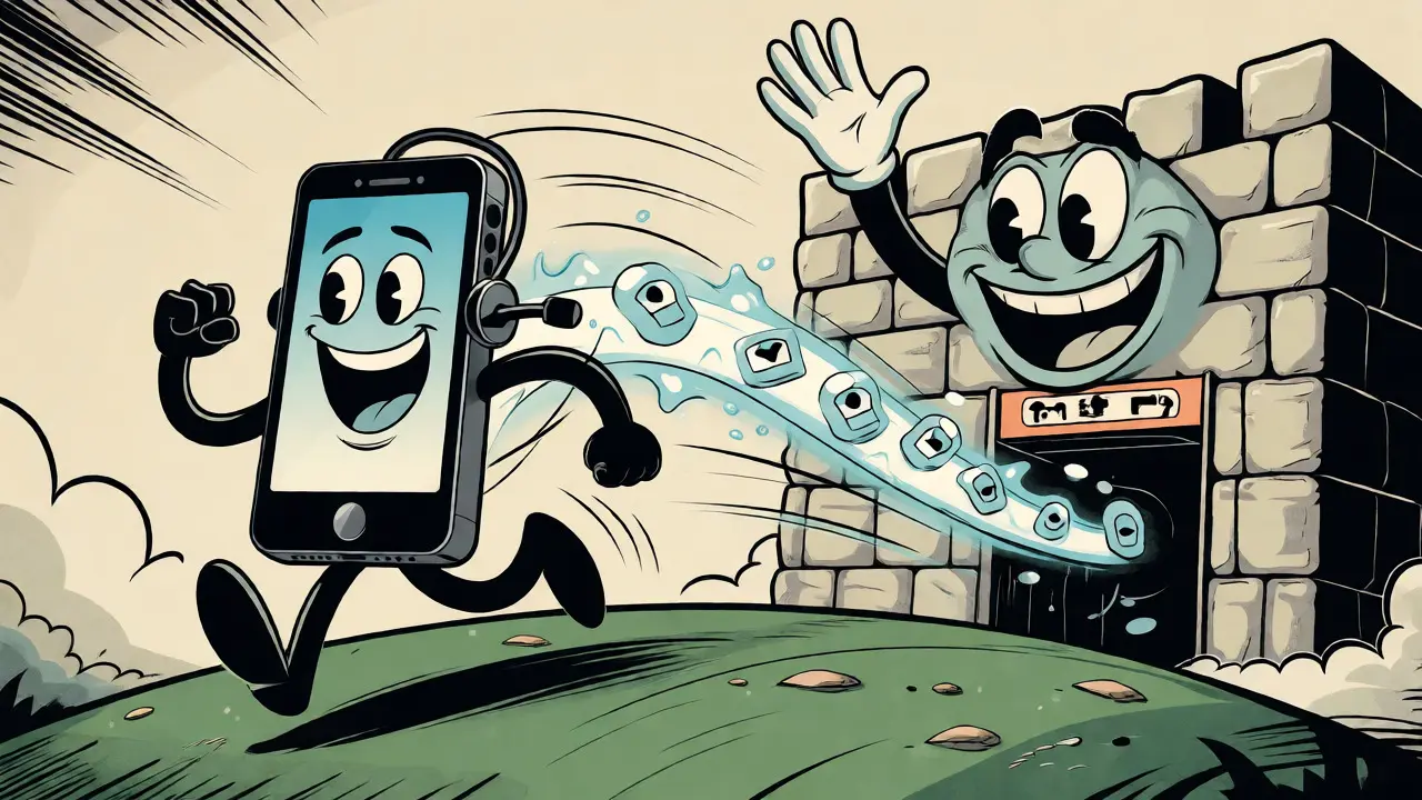 Smartphone character running past a cartoon firewall with data packets