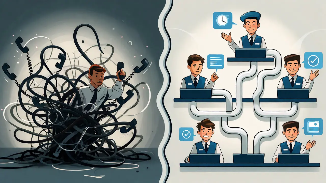 Split screen contrasting chaotic hold queues with an efficient, organized callback system.