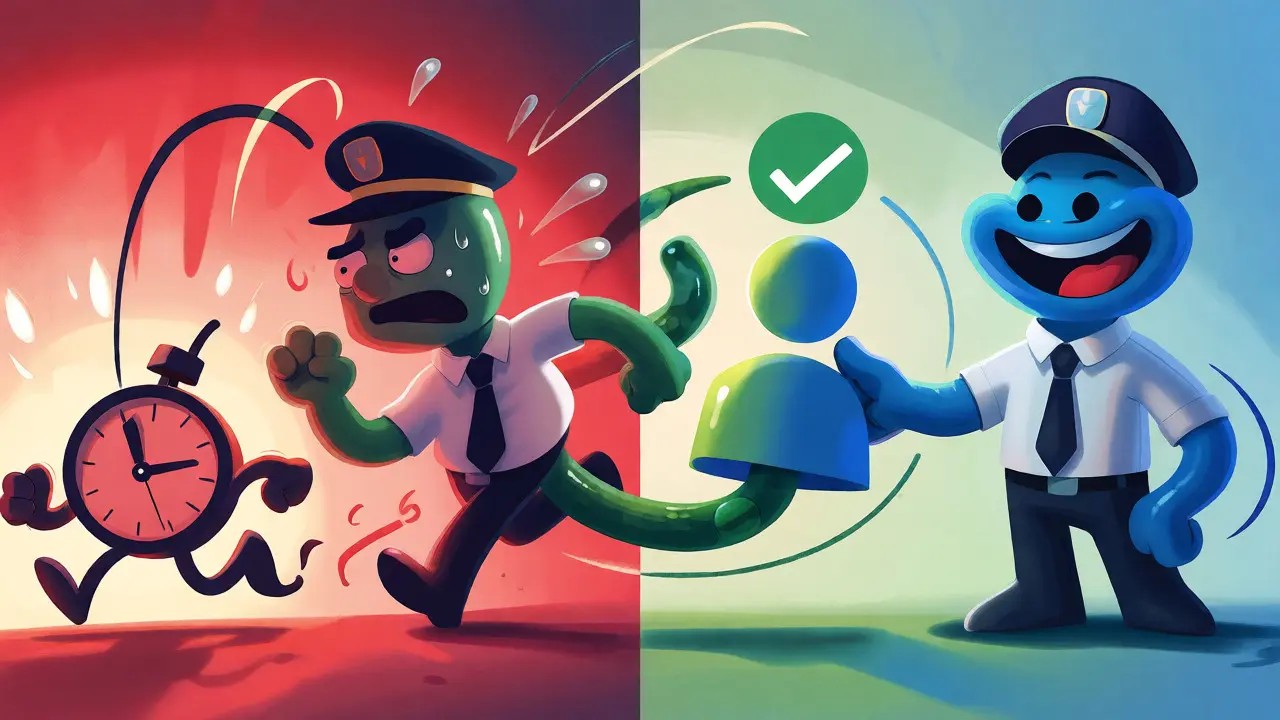 Split view of a rushed agent versus a calm agent resolving a customer issue.