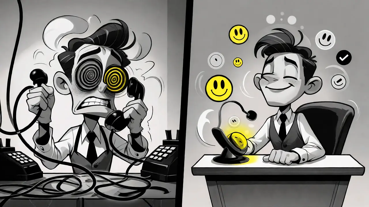 Split view of stressed vs. calm cartoon agents representing CSAT outcomes.