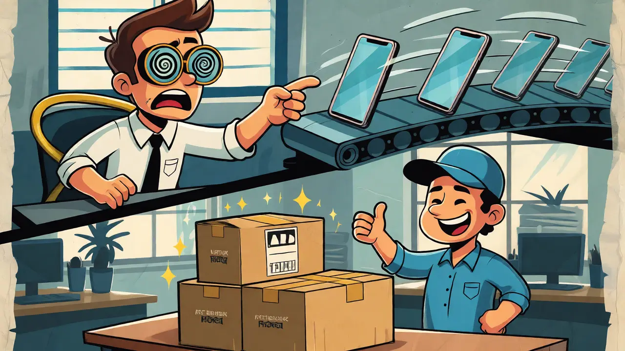 Stressed IT worker with new phones versus relaxed user with easy-to-deploy refurbished stock