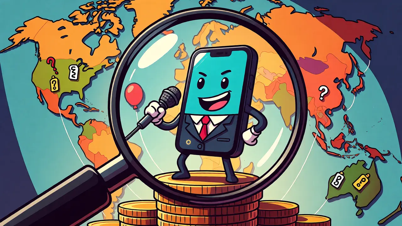 Suit-wearing phone character presenting global calling options