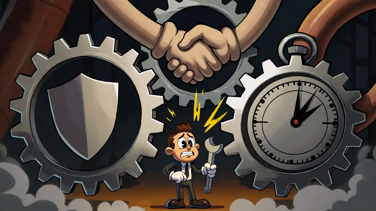 Three grinding gears representing governance trilemma concepts