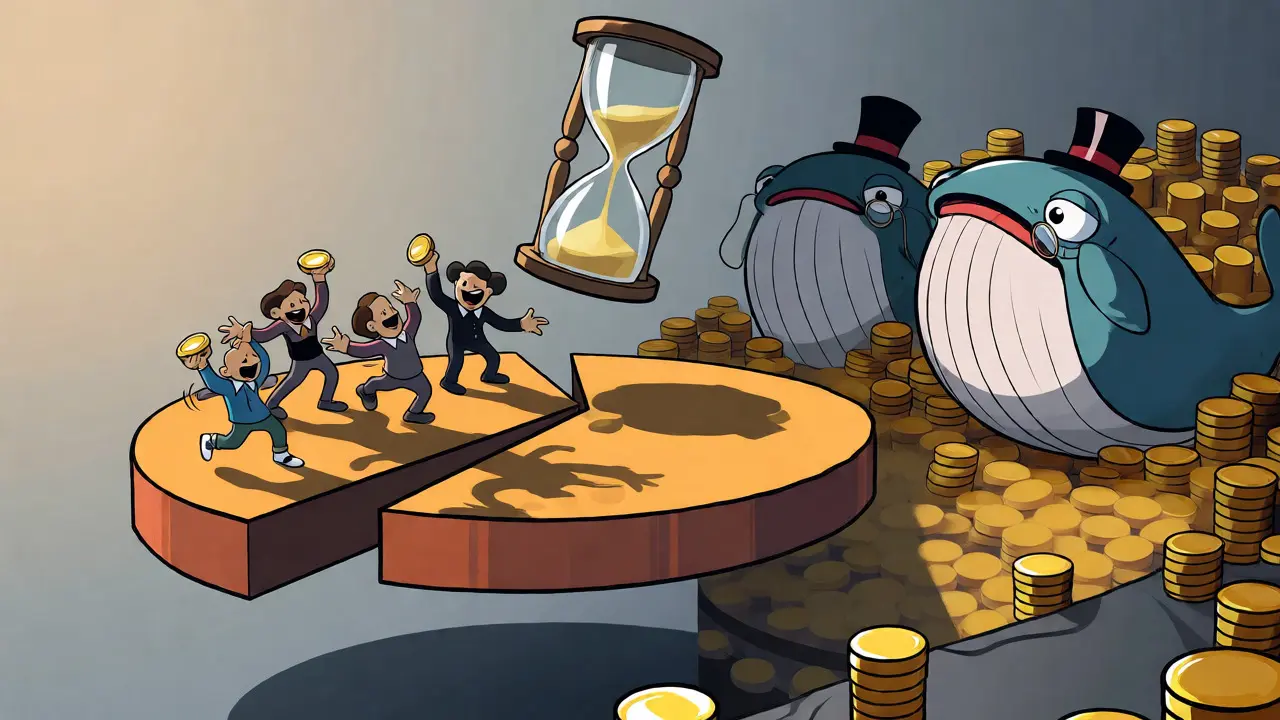 Whales hoarding coins while community members hold small tokens near an hourglass.